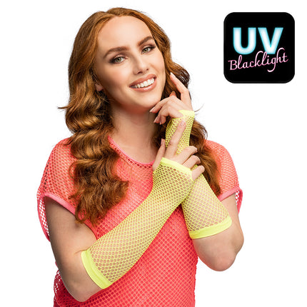 Boland Lange neongele mesh handschoenen dames (elleboog)