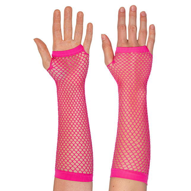Boland Lange neonroze mesh handschoenen dames (elleboog)