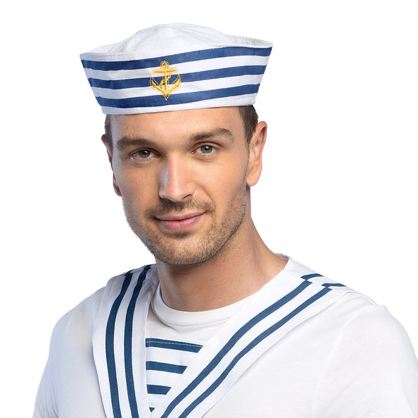 Matrozen muts Sailor wit met blauw-witte streepband en goudkleurig anker, gedragen tijdens carnaval