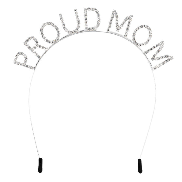 Metalen diadeem Proud mom in zilverkleur met letters van glasstenen op een dunne beugel
