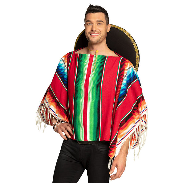 Mexicaanse poncho Rodrigo in rood met groene en blauwe strepen en witte franjes, voor heren