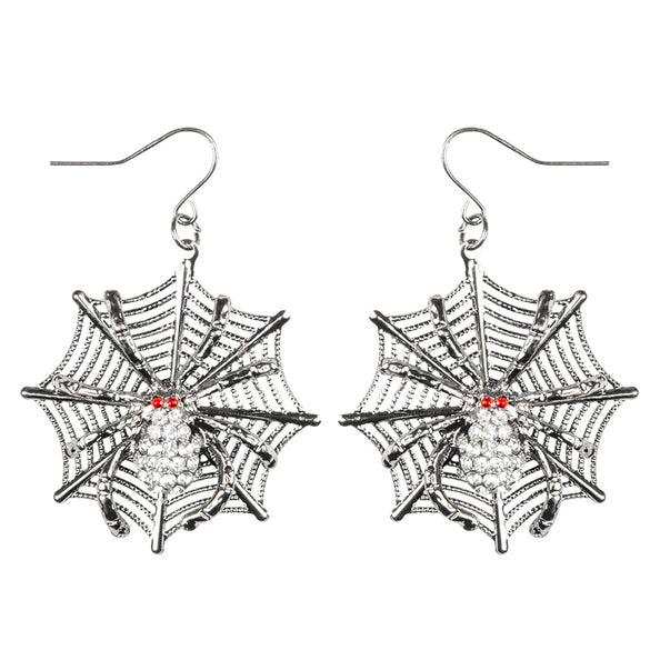 Paar oorbellen Arachne, zilverkleurige spinnenwebben van 4 x 4 cm met spin met rode oogjes