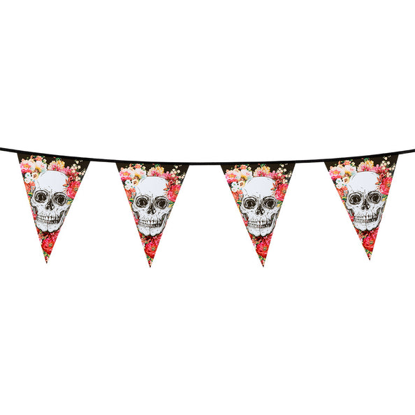 PE vlaggenlijn Day of the Dead met 15 driehoekige vlaggen met witte schedels en bloemen voor Halloween