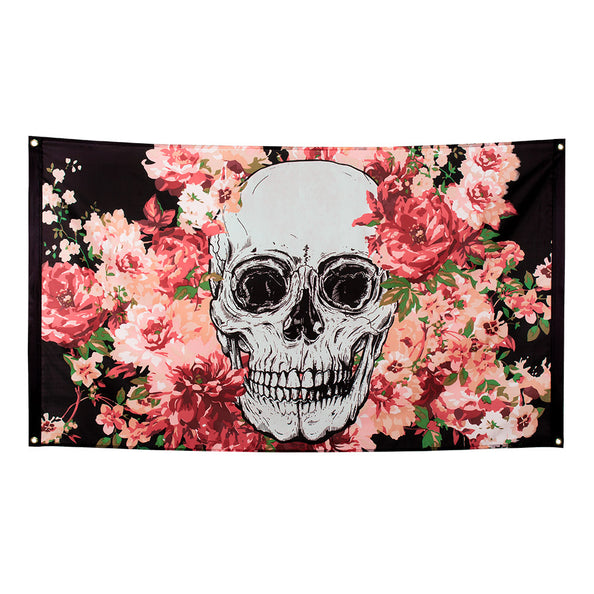 Polyester vlag Day of the Dead met witte schedel tussen roze bloemen, 90 x 150 cm, voor Halloween
