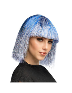 Pruik Crazy blauw met zilver tinsel