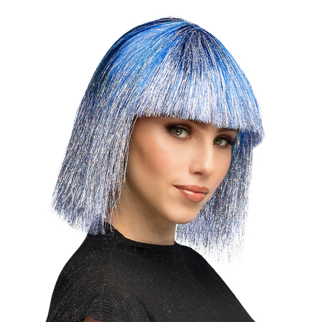 Pruik Crazy blauw met zilver tinsel