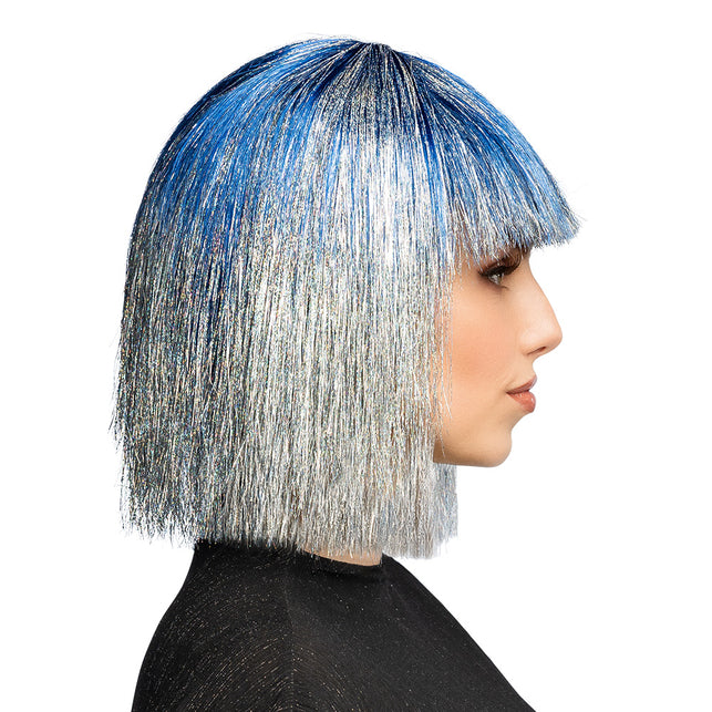 Blauwe krullenpruik met zilveren tinsel