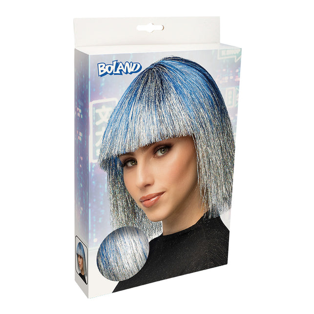 Crazy carnavalspruik in blauw met zilver