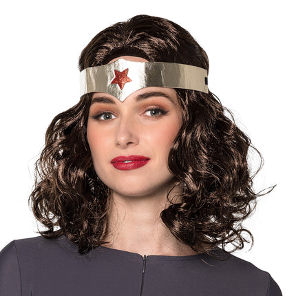 Pruik Superheldin bruin met hoofdband