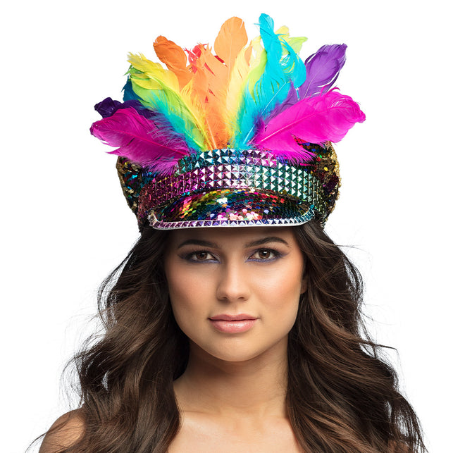 Boland Regenboog glitter pet met veren