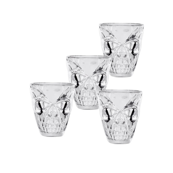 Set 4 plastic shotglaasjes schedel, doorzichtige glaasjes met schedelgezicht in reliëf voor Halloween