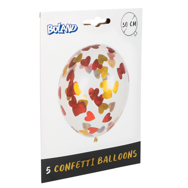 Boland Set 5 confettiballonnen Hartjes rood/goud