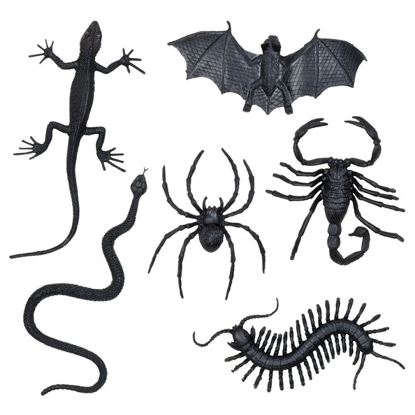 Set 6 griezelige beesten: zwarte spin, schorpioen, vleermuis, hagedis, slang en duizendpoot voor Halloween
