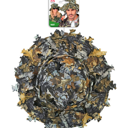 Boonie hoed camouflage van bovenaf met bladapplicaties en verpakkingskaart