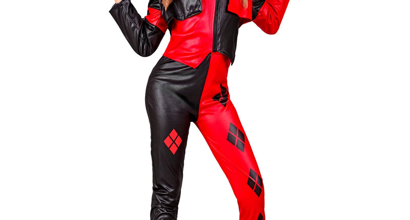 Boosaardige harlekijn kostuum Sara in rood en zwart met ruitmotief, driedelig damespak voor Halloween