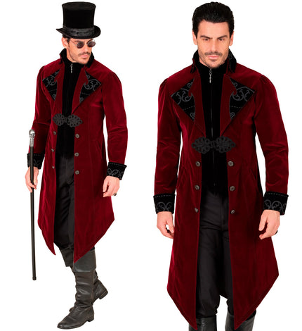 Bordeaux gothic jas heren met zwarte kraag en siergesp, gedragen met hoge hoed voor Halloween