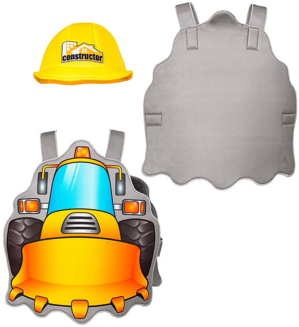 Bouwer Bob pak kind losse onderdelen: gele stoffen bouwhelm met constructor-logo en tabard