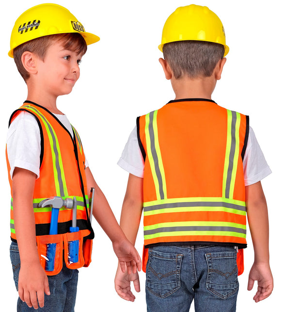 Bouwvakker vest kind van voor en achter met gele en grijze reflectiestrepen, voor een themafeest