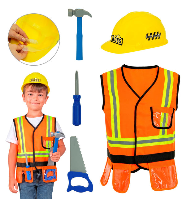 Bouwvakkersset kind met voor- en achterkant vest, gele BOSS-helm en blauw speelgoedgereedschap