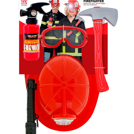 Brandweerhelm met wit embleem, rode bijl en speelgoedbrandblusser uit de brandweer set Patrick