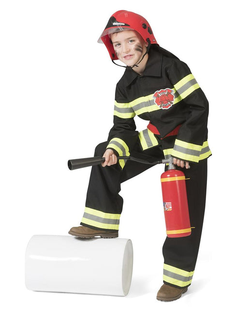 Brandweerman pak Fred kinderen in zwart met geel-grijze reflectiestrepen, gedragen op een verkleedfeest