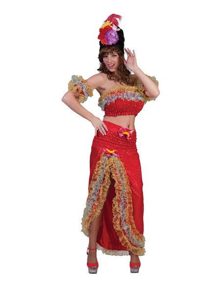 Braziliaanse lady jurkjes in rood met paillettentopje, rok met split en regenboogruches, gedragen tijdens carnaval