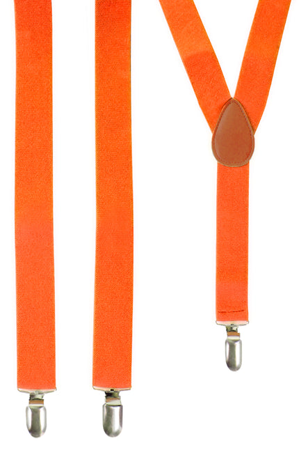 Bretel oranje met zilveren clips, Y-vorm rug met bruin leerlook tussenstuk, voor Koningsdag
