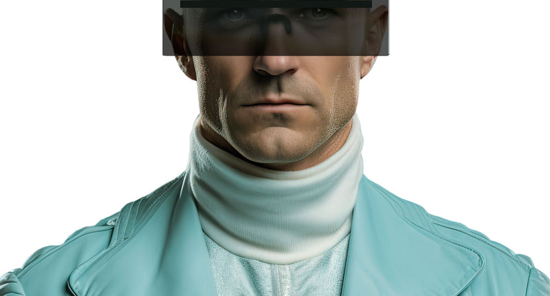 Bril futuristisch gedragen door man, zwarte visorbril met doorlopend getint glas over beide ogen
