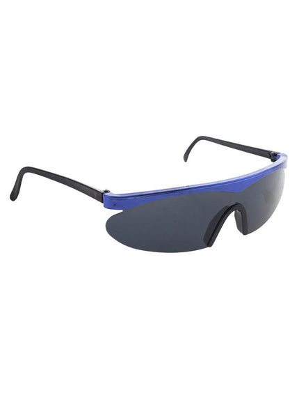 Bril futuristisch visorbril met blauw montuur, zwarte poten en doorlopend rookgrijs glas voor een sciencefictionfeest
