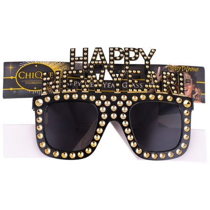 Bril happy new year op verpakkingskaart, hoekig zwart pvc montuur met goudkleurige studs