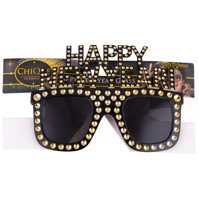 Bril happy new year op verpakkingskaart, hoekig zwart pvc montuur met goudkleurige studs