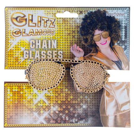 Bril met ketting goud van Funny Fashion op verkoopkaart met gouden schakelglazen