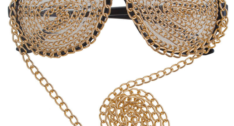 Bril met ketting goud met zwart montuur en spiraalvormige schakels plus lange nekketting