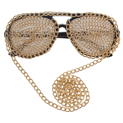 Bril met ketting goud met zwart montuur en spiraalvormige schakels plus lange nekketting