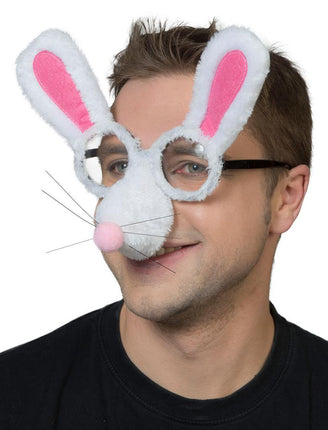 Bril konijn wit met pluche oren, roze binnenkant, pompoenneus en snorharen voor een dierenfeest