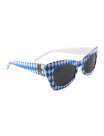Bril oktoberfest met blauw-wit ruitpatroon, donkere glazen en goudkleurig leeuwtje op de poot