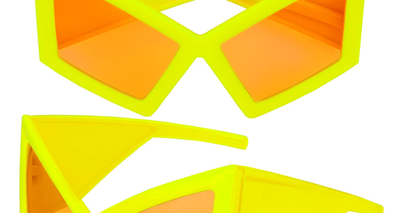 Bril oversized neon geel met oranje glazen, hoekig montuur van voren en van opzij