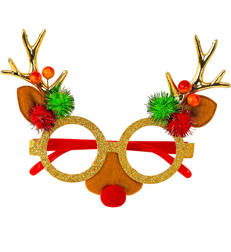 Bril rendier Bente met goudkleurig glittermontuur, gouden hoorntjes en rode pompoenneus voor Kerst