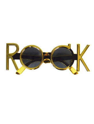 Bril rock goud met ronde donkere glazen en pootjes in de vorm van de letters R en K voor een rockfeest