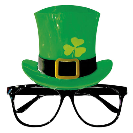 Bril st-patrick vooraanzicht met groene hoge hoed, klavertje en gouden gesp