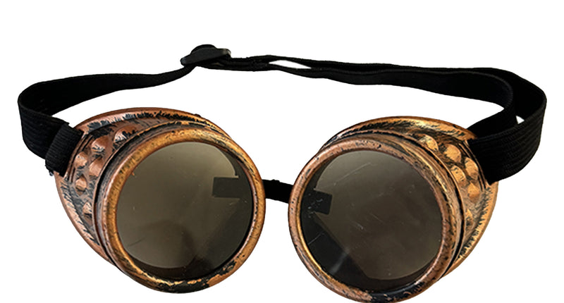 Bril steampunk met koperkleurige ronde cups, donkere glazen en zwarte hoofdband