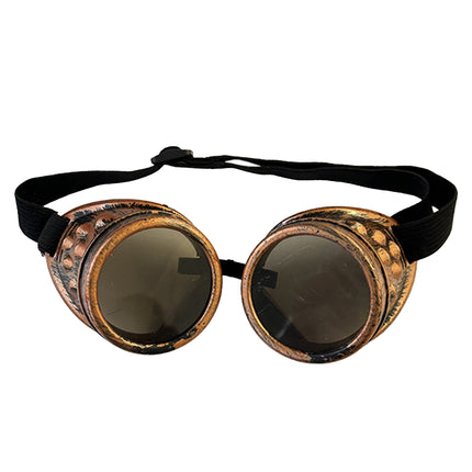 Bril steampunk met koperkleurige ronde cups, donkere glazen en zwarte hoofdband