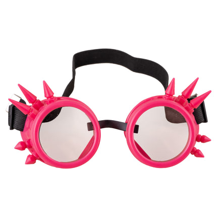 Bril steampunk roze vooraanzicht met ronde getinte glazen en zwarte elastische band