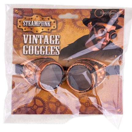 Bril steampunk in verpakking, koperen goggles met donker getinte lenzen