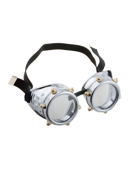 Bril steampunk zilver met ronde cups, goudkleurige spikes en zwarte band voor een themafeest