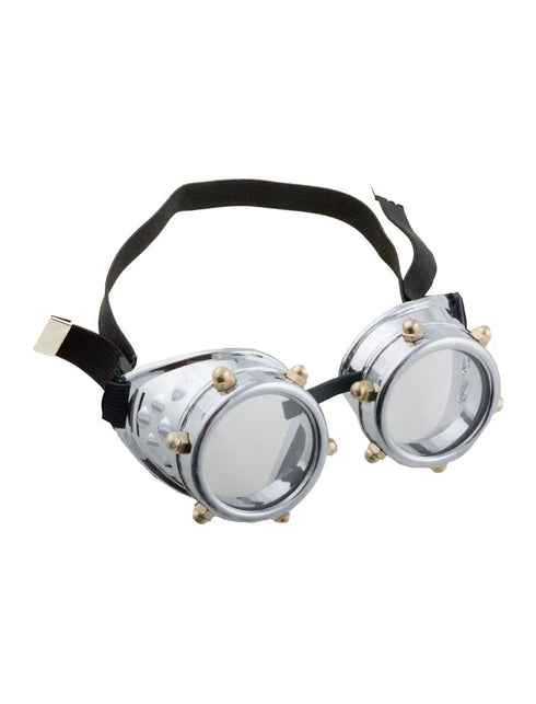 Bril steampunk zilver met ronde cups, goudkleurige spikes en zwarte band voor een themafeest