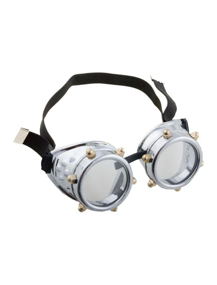 Bril steampunk zilver met ronde cups, goudkleurige spikes en zwarte band voor een themafeest