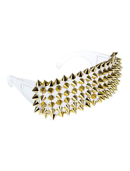 Bril met studs goud, transparant pvc montuur volledig bezet met gouden spikes, schuin aanzicht