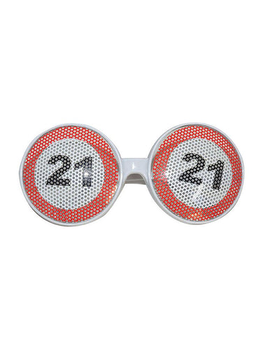 Bril traffic 21 jaar met ronde verkeersbordglazen in rood wit en zwarte 21, voor een verjaardagsfeest