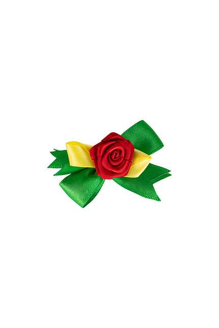 Broche roosje met strikje Limburg met rood roosje op groene en gele strik voor carnaval